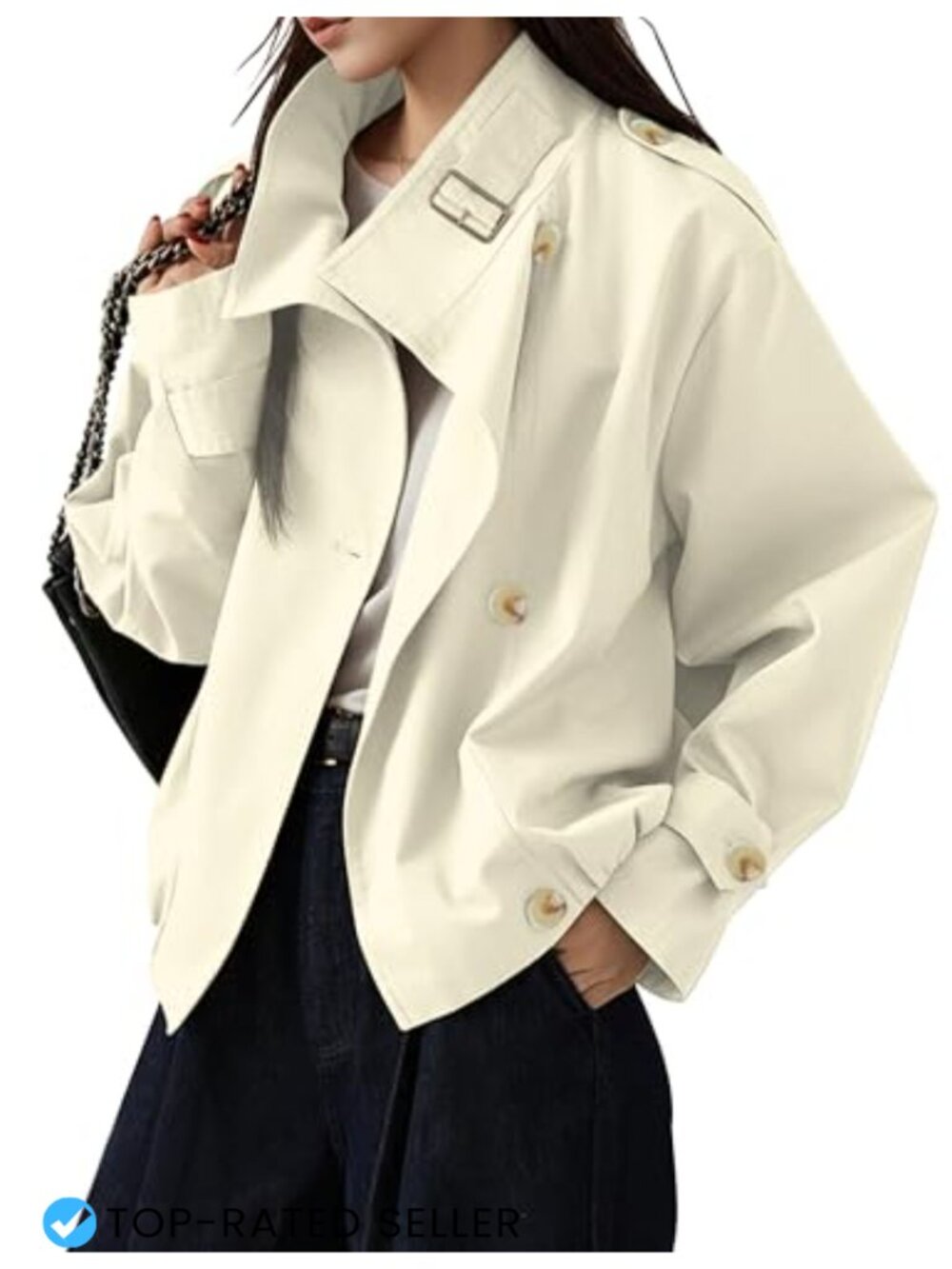 Women's Vintage Trench Coat Funnel Neck Cropped Jacket Cotton Blend
